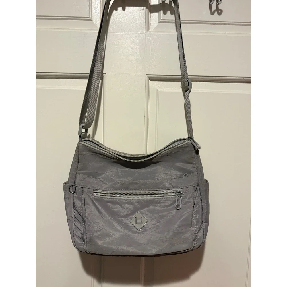 Grey Nylon Crossbody Bag Lightweight Multi-Pocket Travel Purse lots of pockets